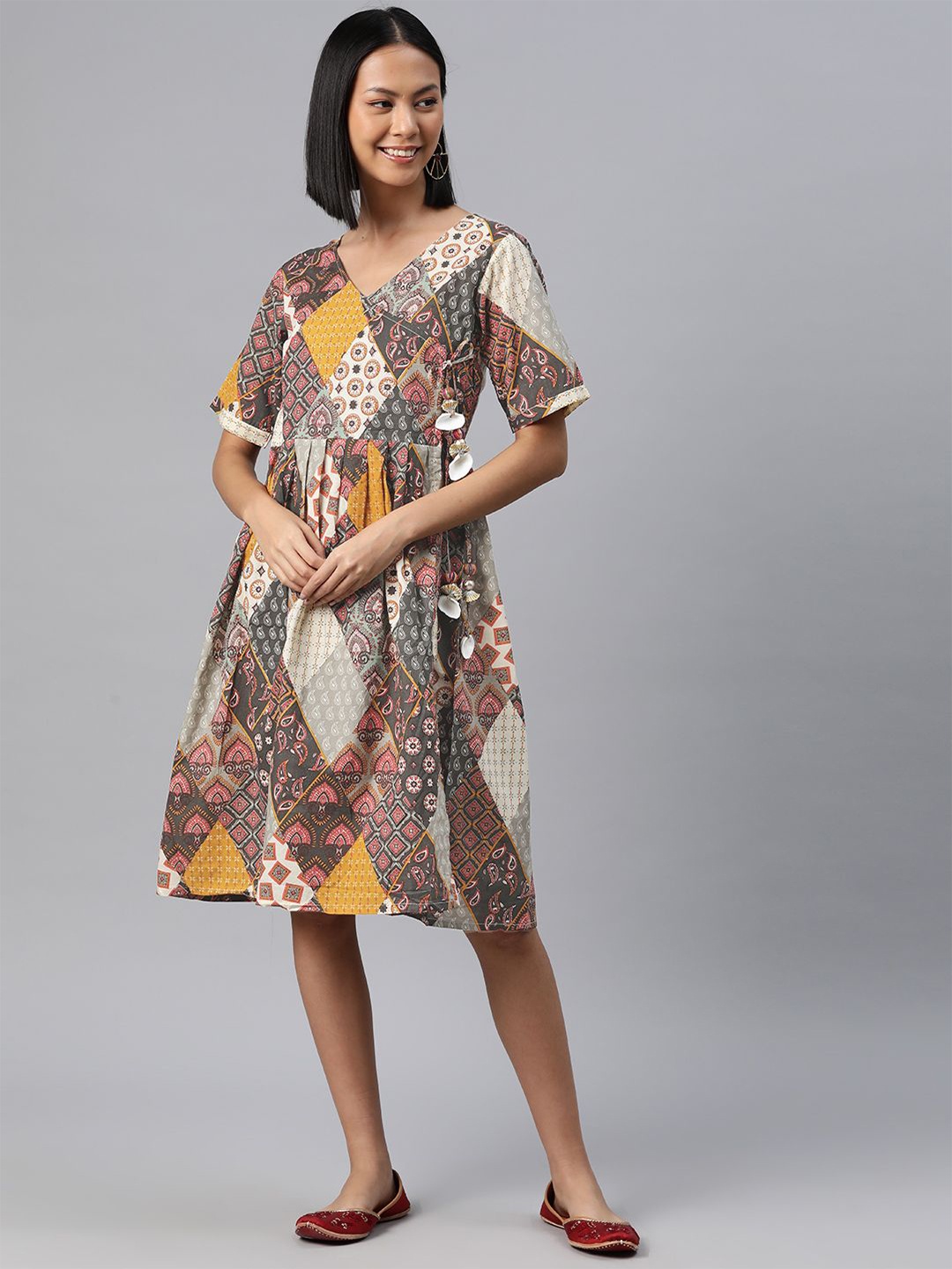 

KALINI Pure Cotton Printed Knee Length Wrap Dress, Multi