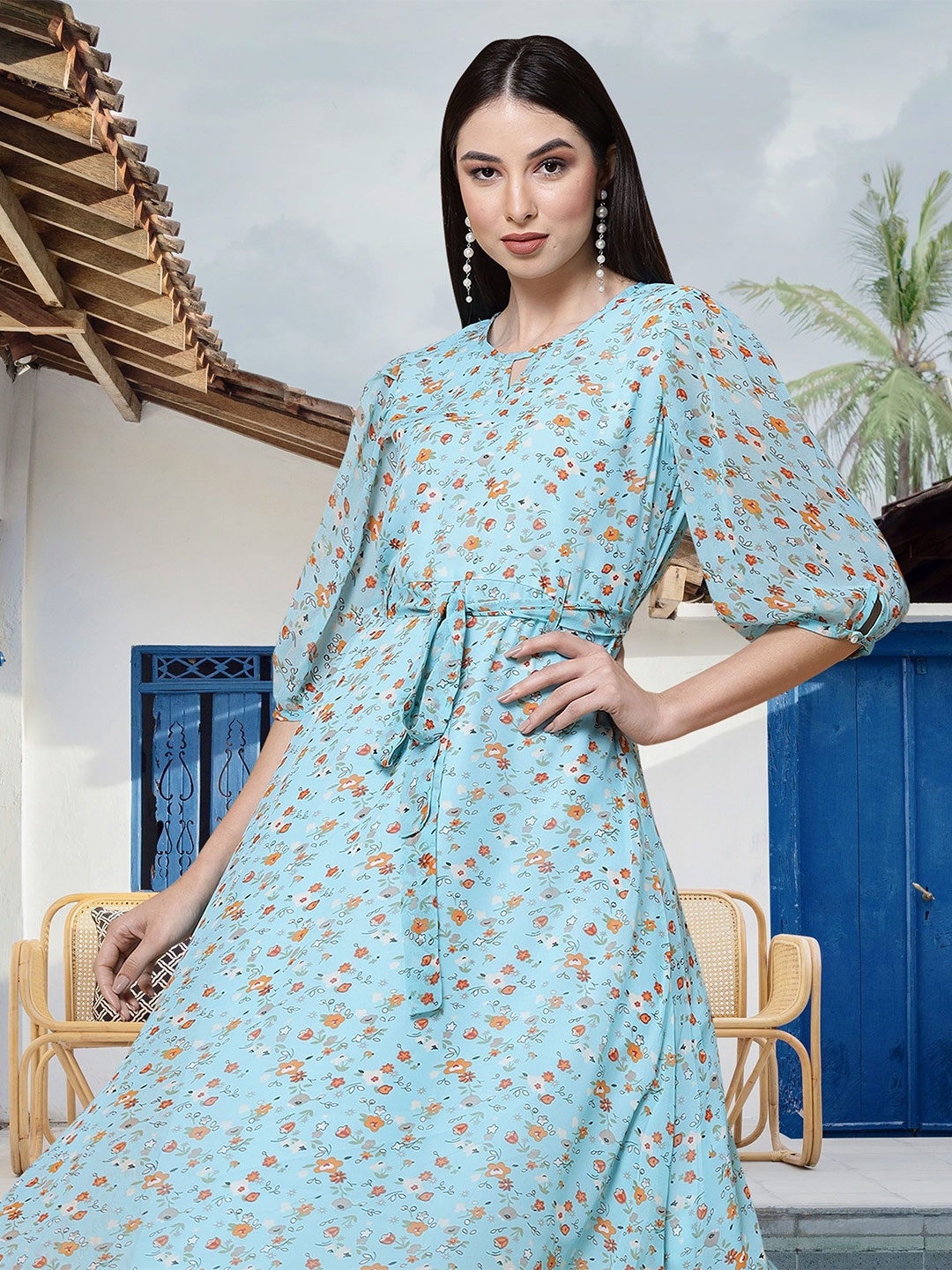 

MISS AYSE Floral Print Puff Sleeve Applique Georgette Fit & Flare Midi Dress, Blue