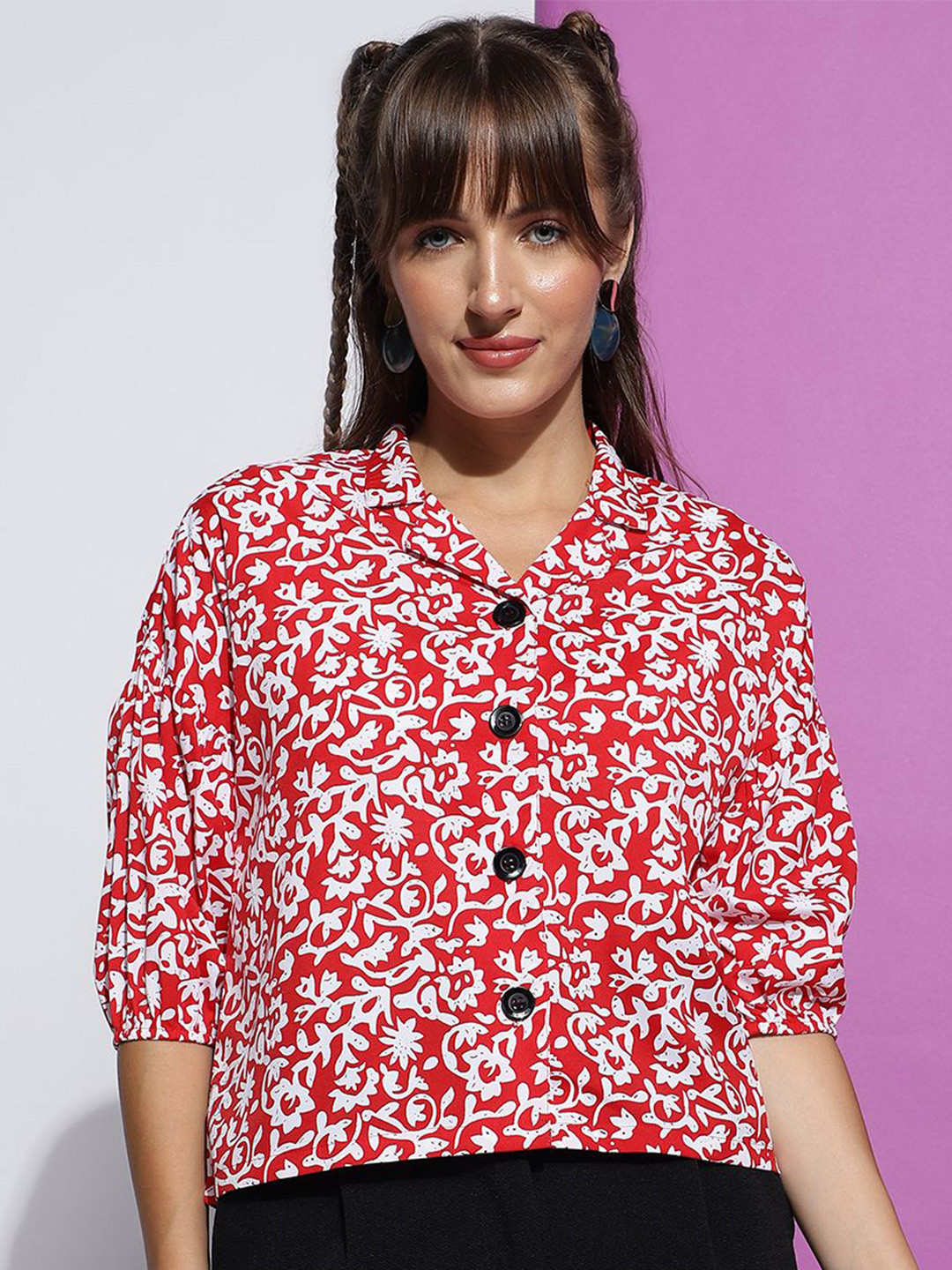 

DressBerry Women Lapel Collar Floral Printed Puff Sleaves Top, Red