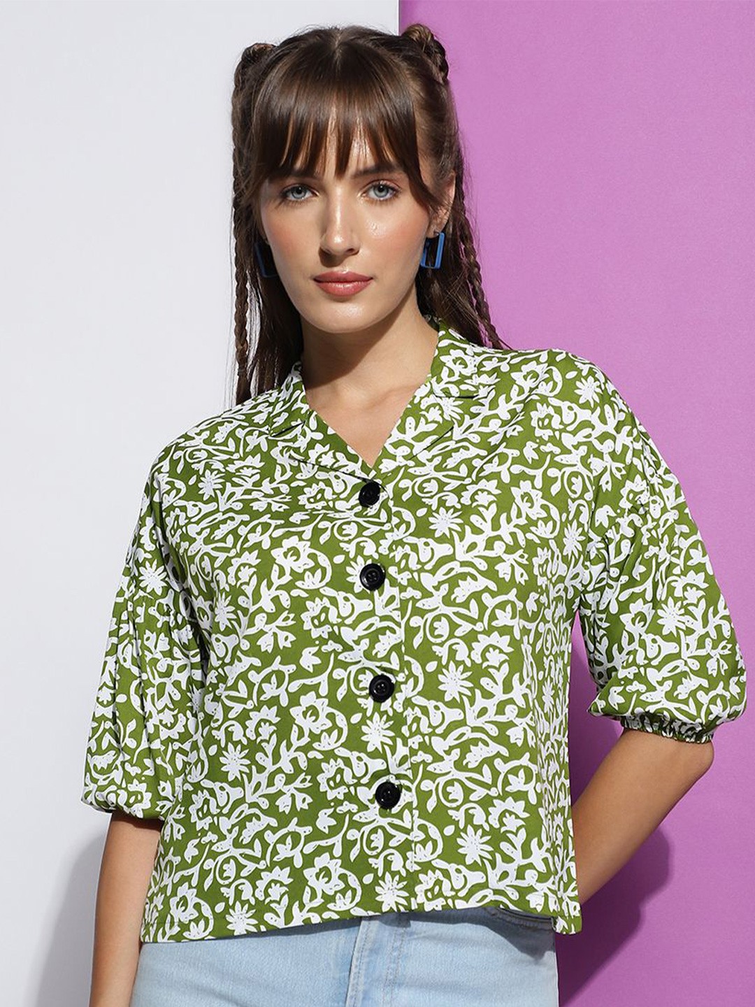 

DressBerry Floral Print Tie-Up Neck Crepe Top, Green