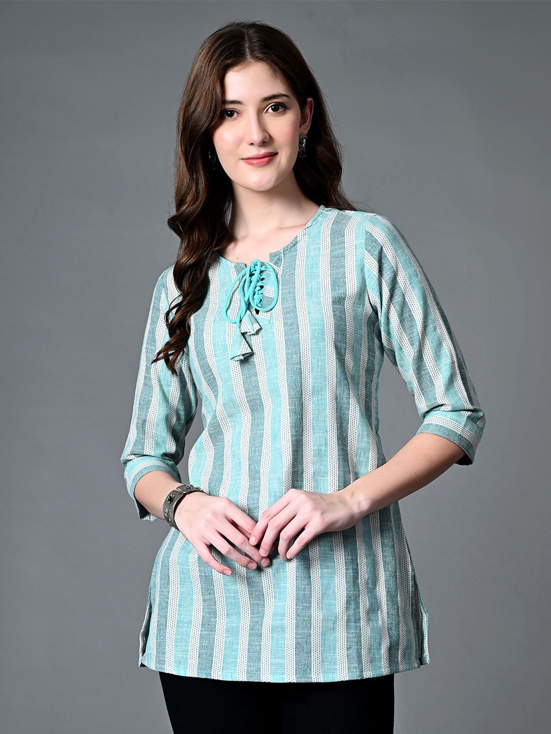 

DOISA Women Striped Tie-Up Neck Casual Top, Green