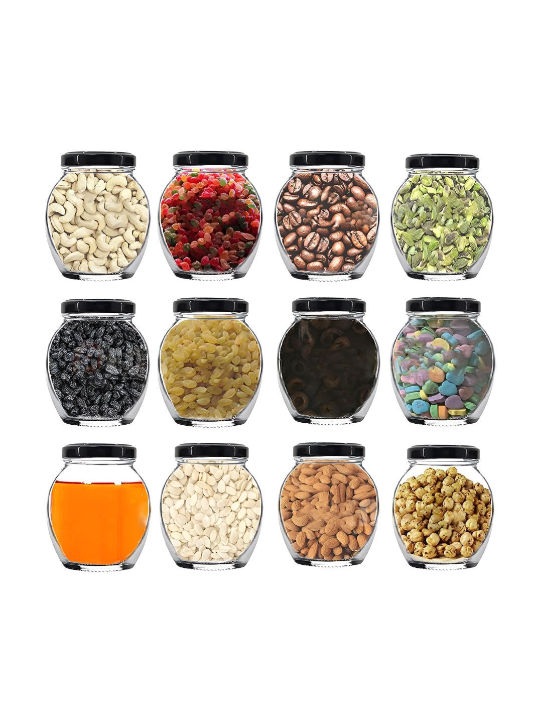 

tyche enterprises Transparent & Black 12 Pieces Storage Glass Jar Containers 300 ml Each