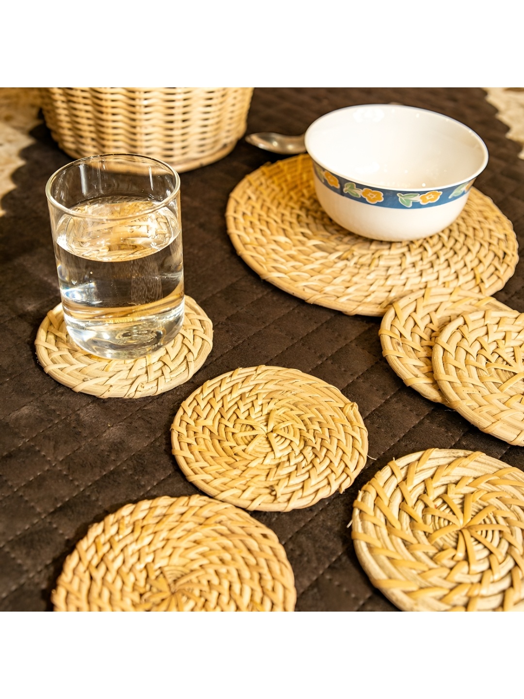 

AJAARA Beige 6 Pieces Rattan Round Coasters