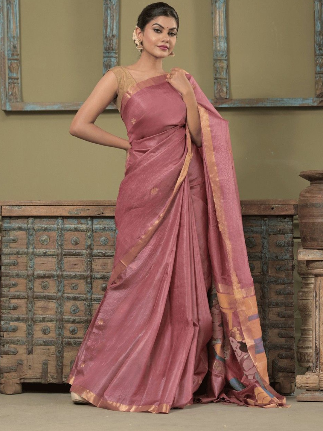 

DUSALA INDIA Woven Design Zari Pure Silk Saree, Pink