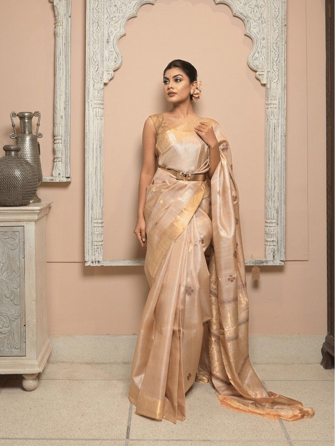 

DUSALA INDIA Woven Designed Zari Pure Silk Saree, Off white
