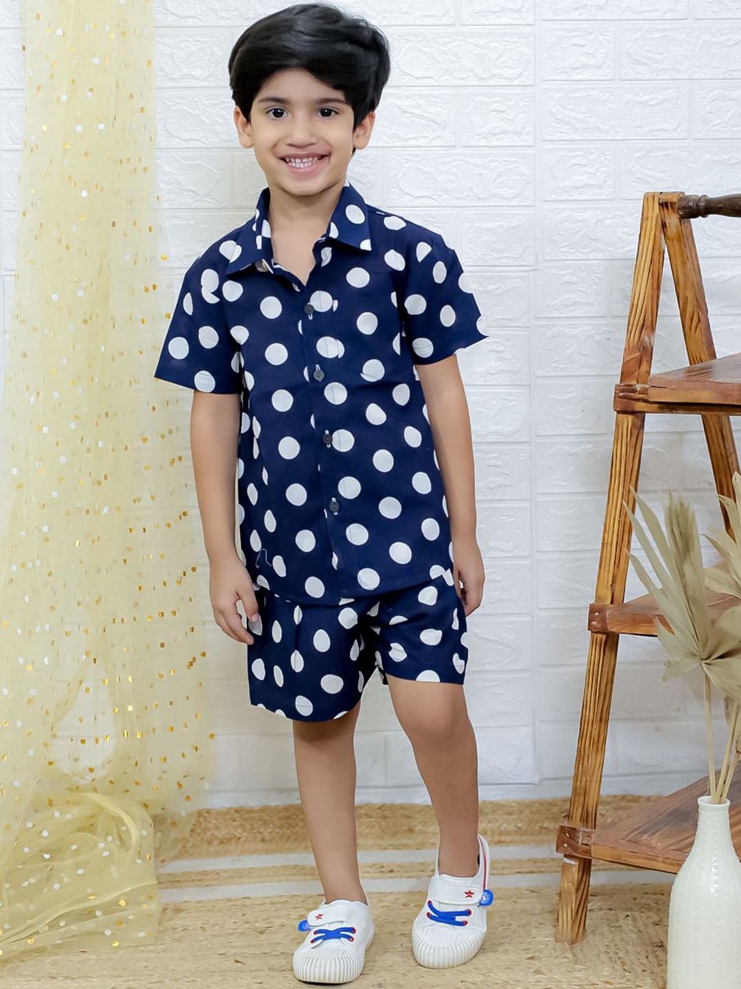 

UNBIND Boys Printed Pure Cotton Shirt With Shorts, Navy blue