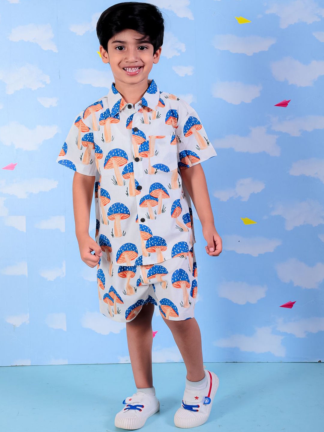 

UNBIND Boys Printed Pure Cotton Shirt With Shorts, White