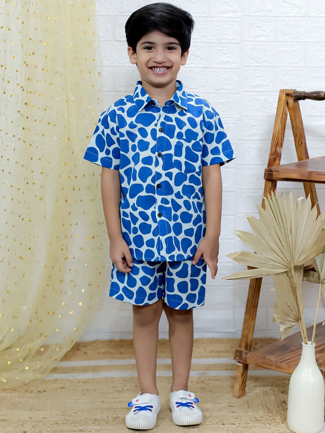 

UNBIND Boys Printed Pure Cotton Shirt with Shorts, Blue