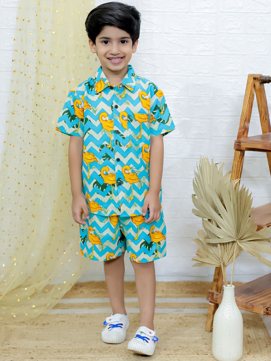 

UNBIND Boys Printed Pure Cotton Shirt with Shorts, Blue