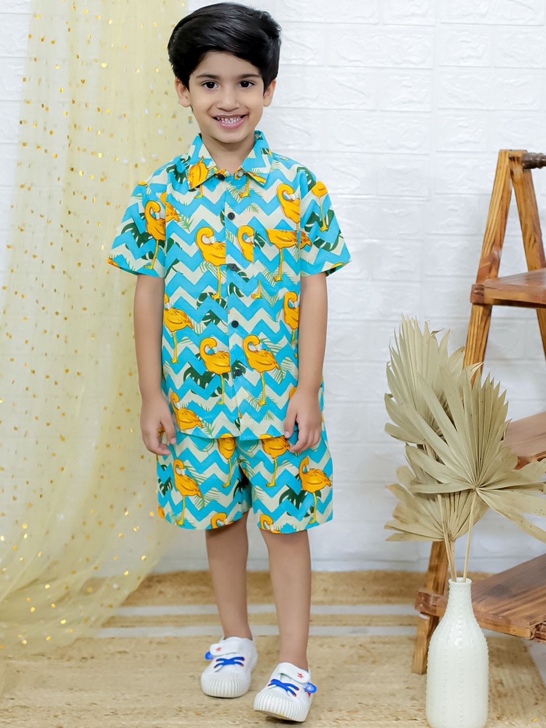 

UNBIND Boys Printed Pure Cotton Shirt with Shorts, Blue