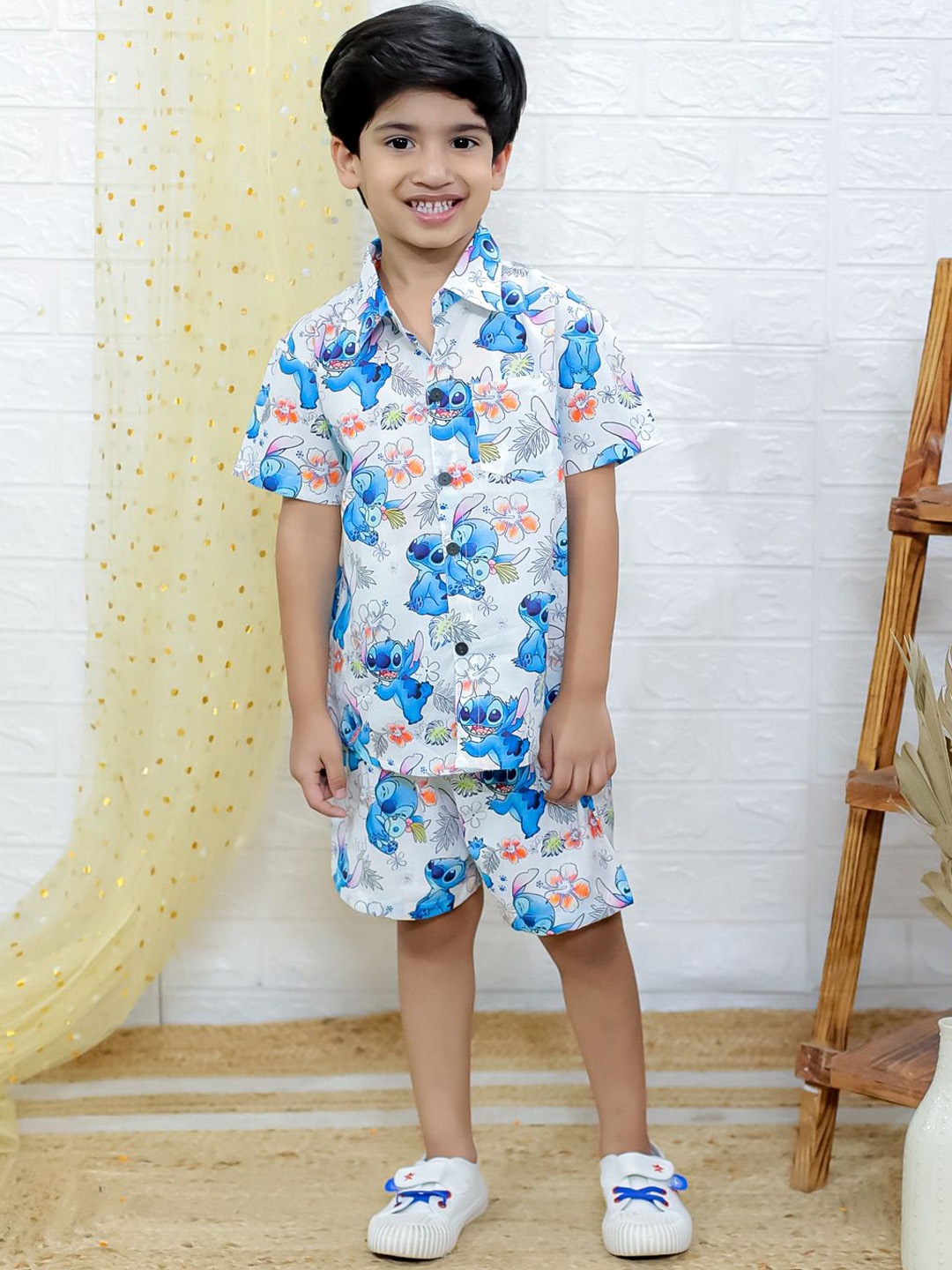 

UNBIND Boys Printed Pure Cotton Shirt with Shorts, White