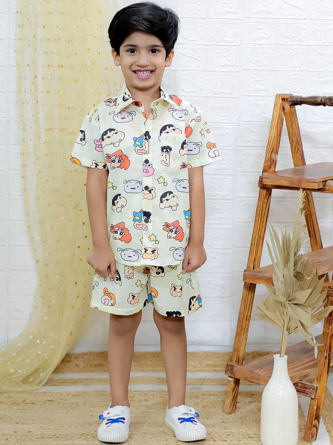 

UNBIND Boys Printed Pure Cotton Shirt with Shorts, Beige