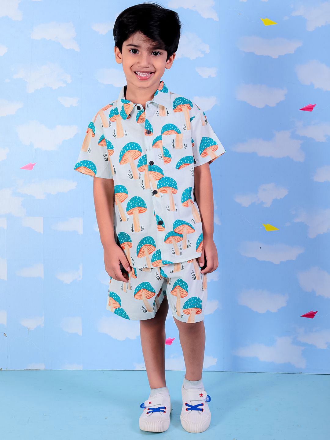 

UNBIND Boys Printed Pure Cotton Shirt with Shorts, White