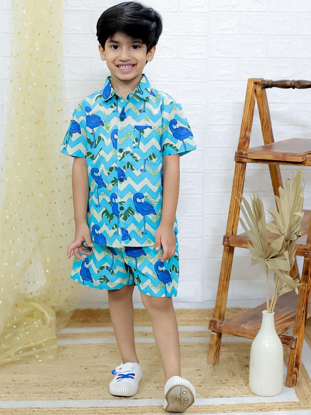 

UNBIND Boys Printed Pure Cotton Shirt with Shorts, Blue