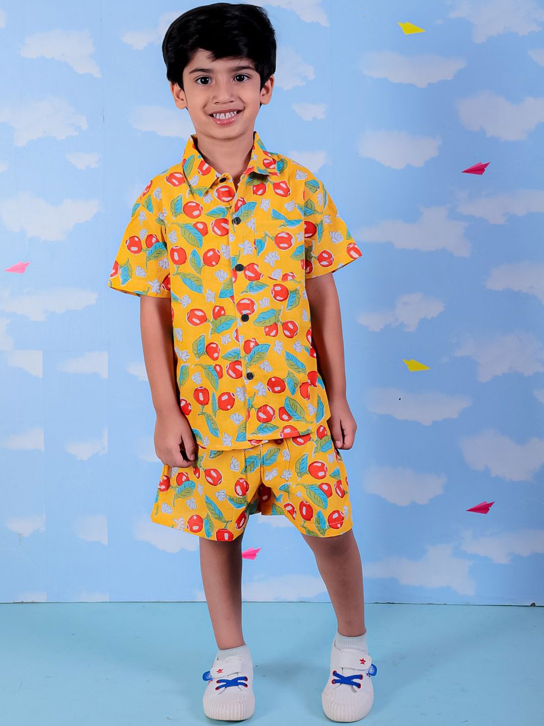 

UNBIND Boys Printed Pure Cotton Shirt with Shorts, Yellow