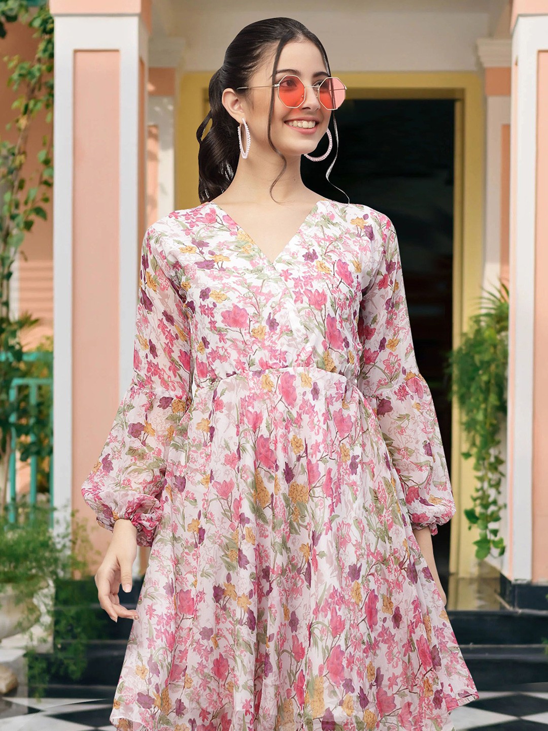 

MISS AYSE Floral Print Georgette Fit & Flare Midi Dress, Pink