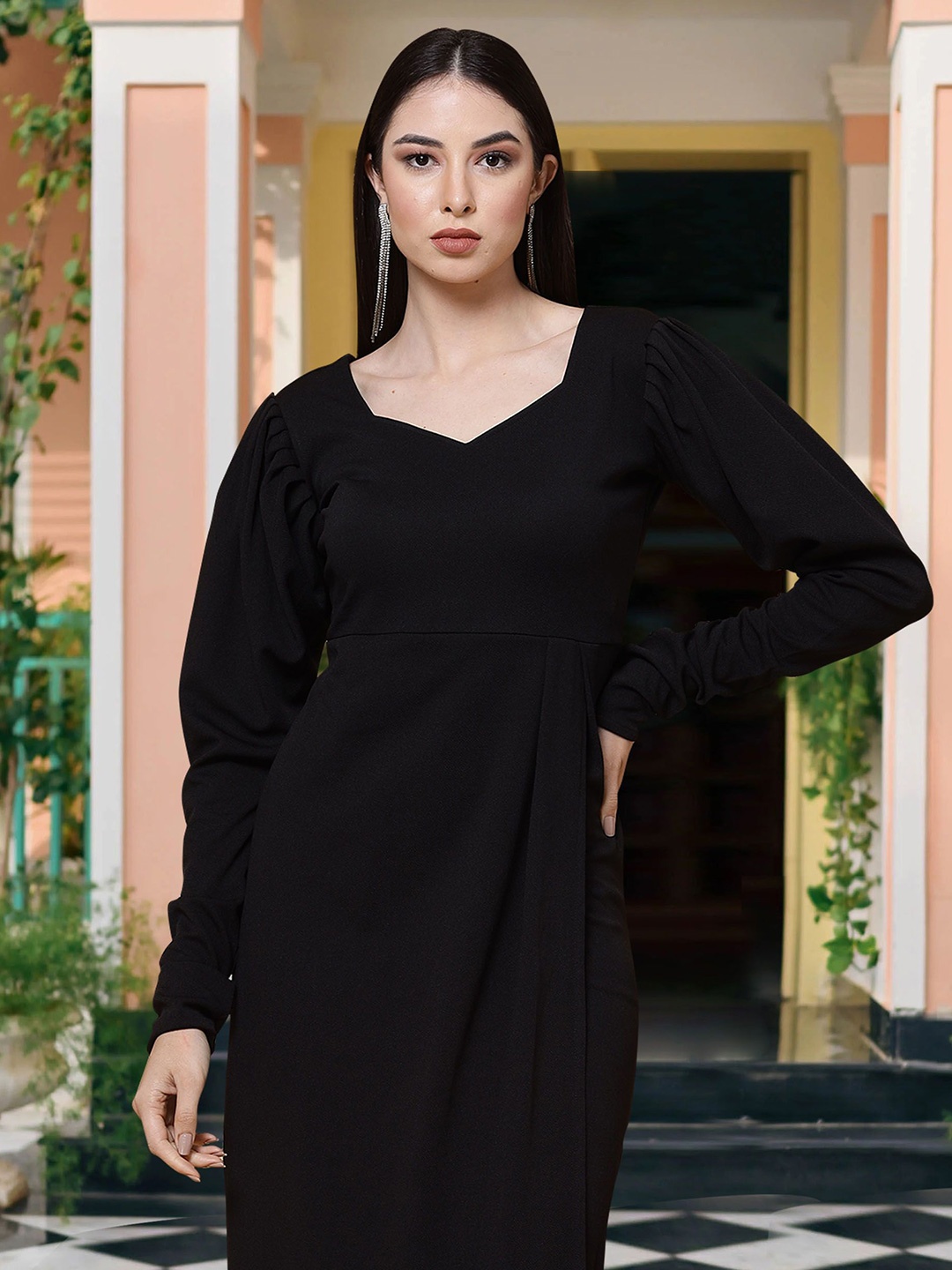 

MISS AYSE Women Cotton Solid Midi Dress, Black