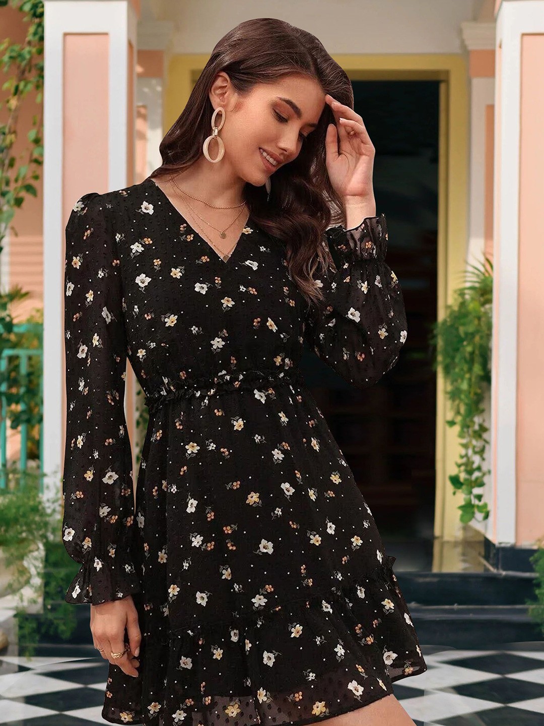 

MISS AYSE Cotton Floral Print Applique Dress, Black