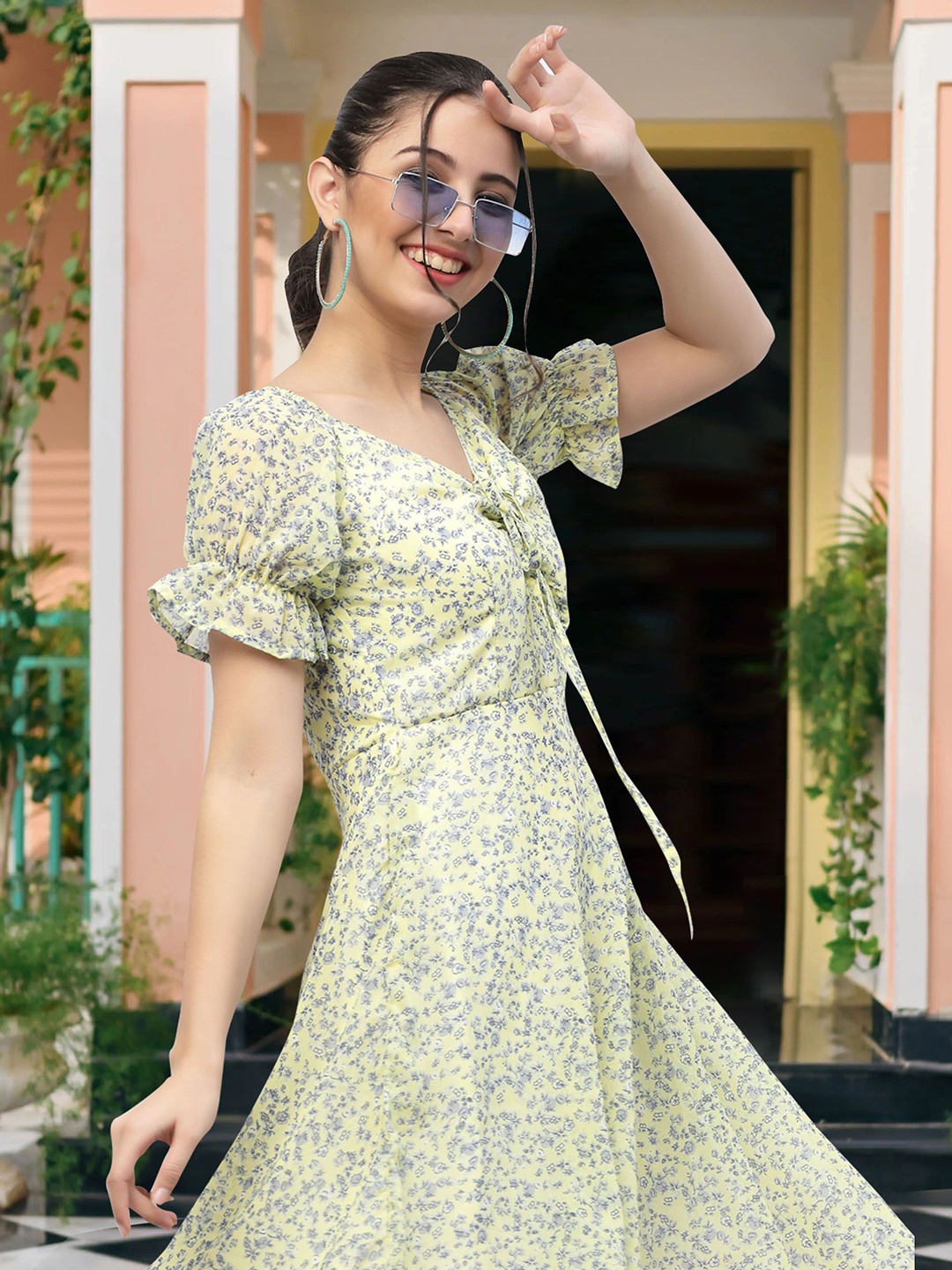 

MISS AYSE Floral Print Georgette Fit & Flare Midi Dress, Green
