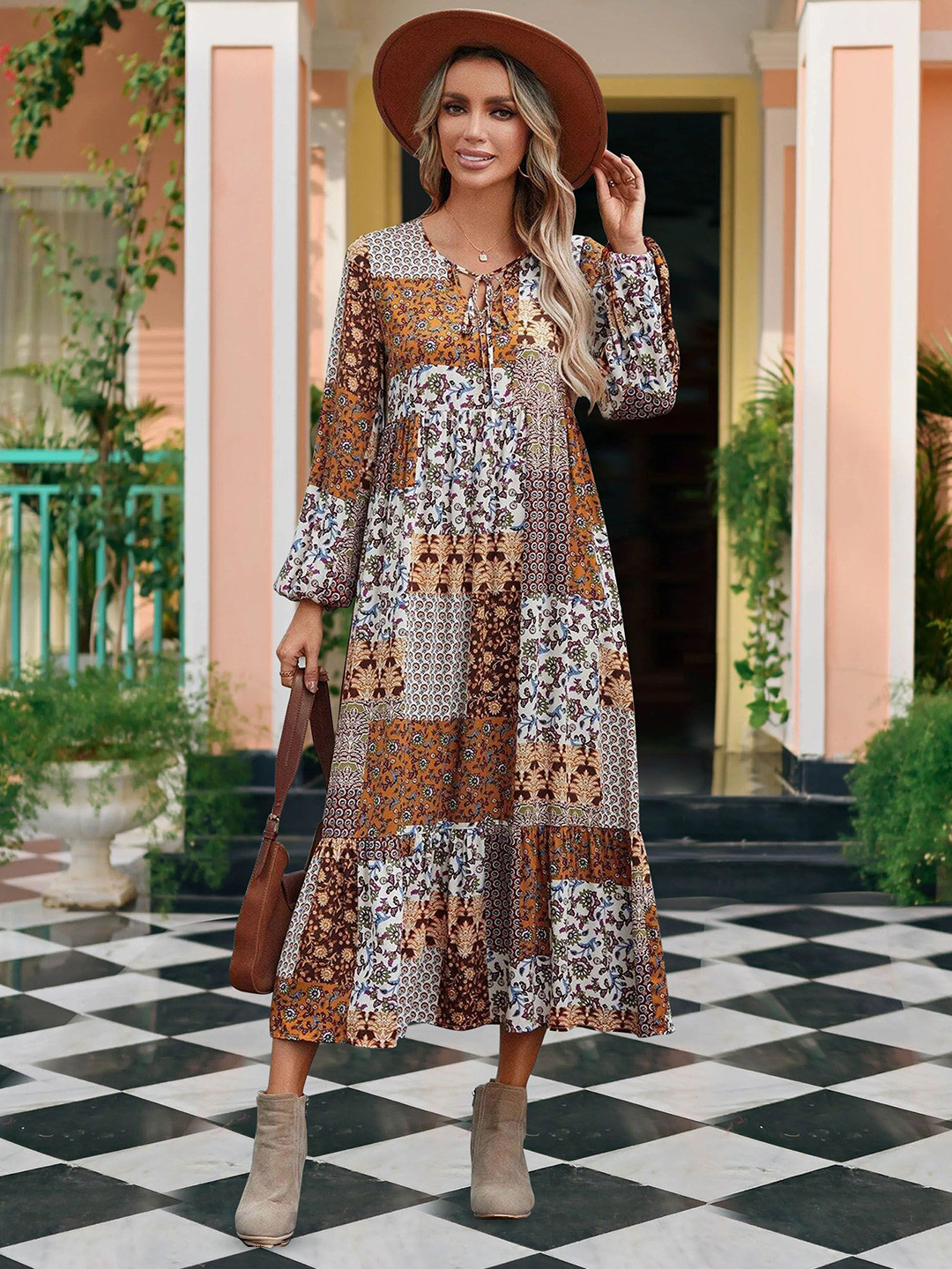 

MISS AYSE Floral Print Applique A-Line Maxi Dress, Brown
