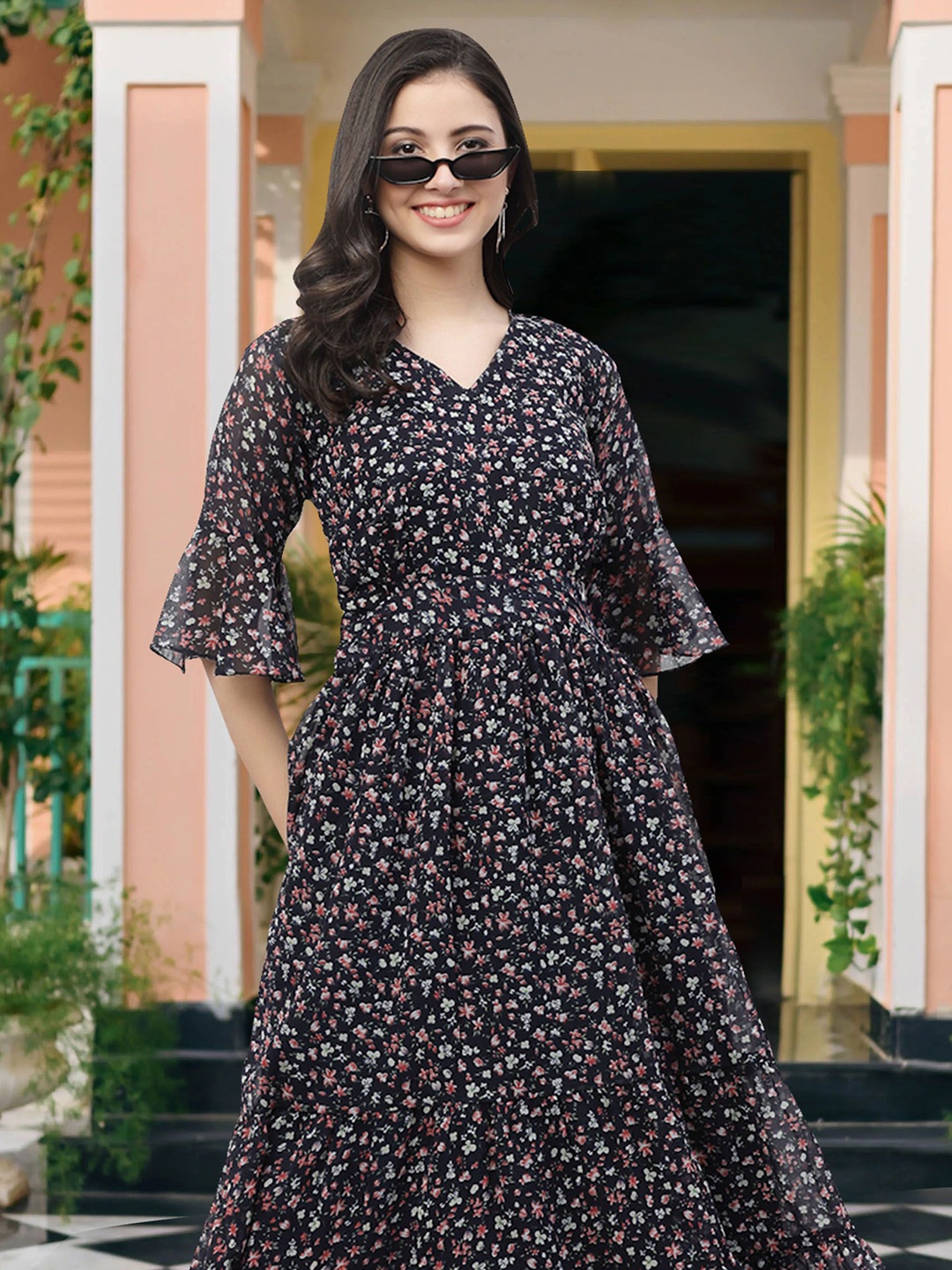 

MISS AYSE Floral Print Bell Sleeve Applique Georgette Maxi Dress, Black