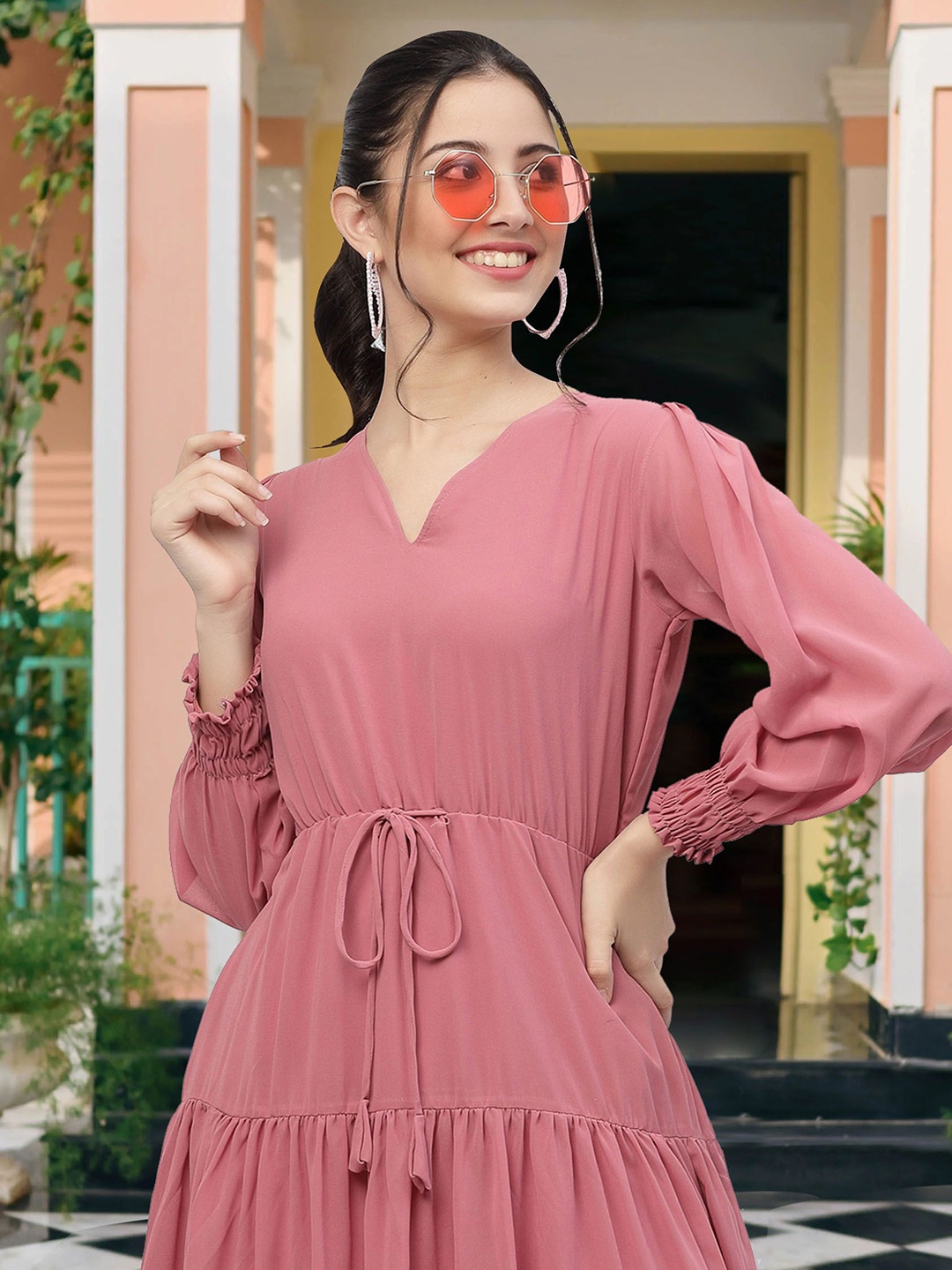 

MISS AYSE Puff Sleeve Applique Georgette A-Line Midi Dress, Pink