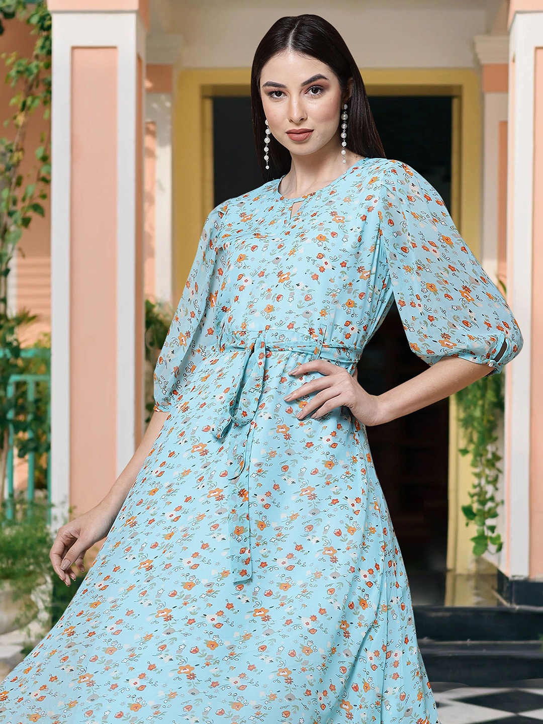 MISS AYSE Floral Print Puff Sleeve Georgette Fit and Flare Midi Dress, Blue