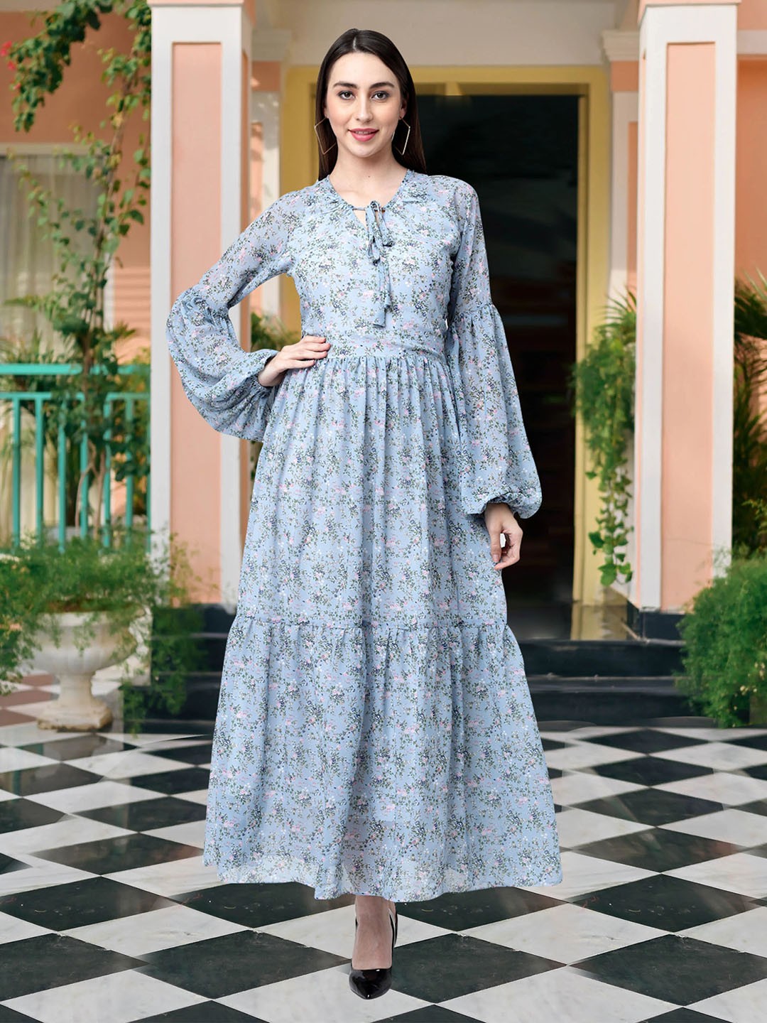 

MISS AYSE Floral Print Tie-Up Neck Georgette Fit & Flare Maxi Dress, Blue