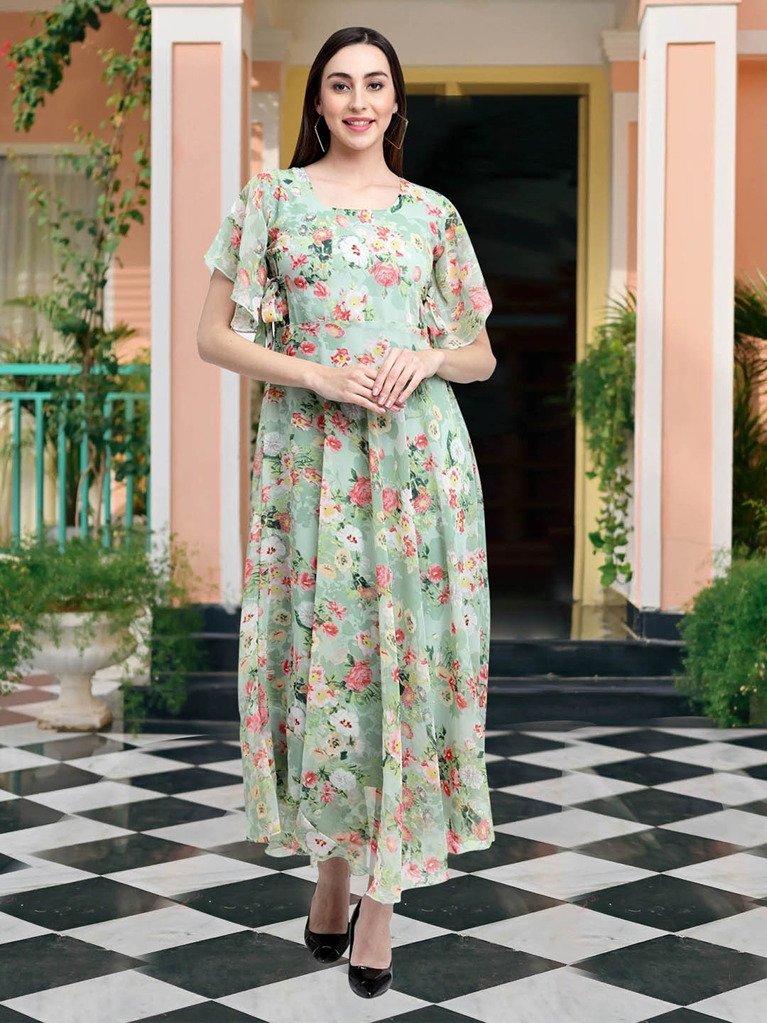

MISS AYSE Floral Print Flared Sleeve Georgette Fit and Flare Maxi Dress, Green