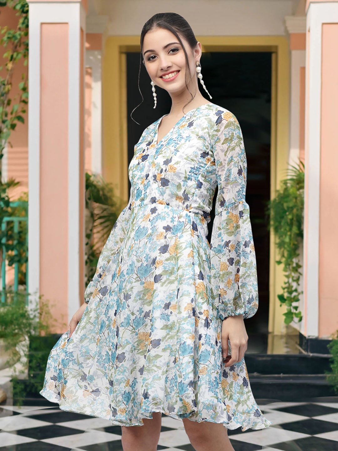 

MISS AYSE Floral Print Puff Sleeve Georgette Wrap Midi Dress, Blue