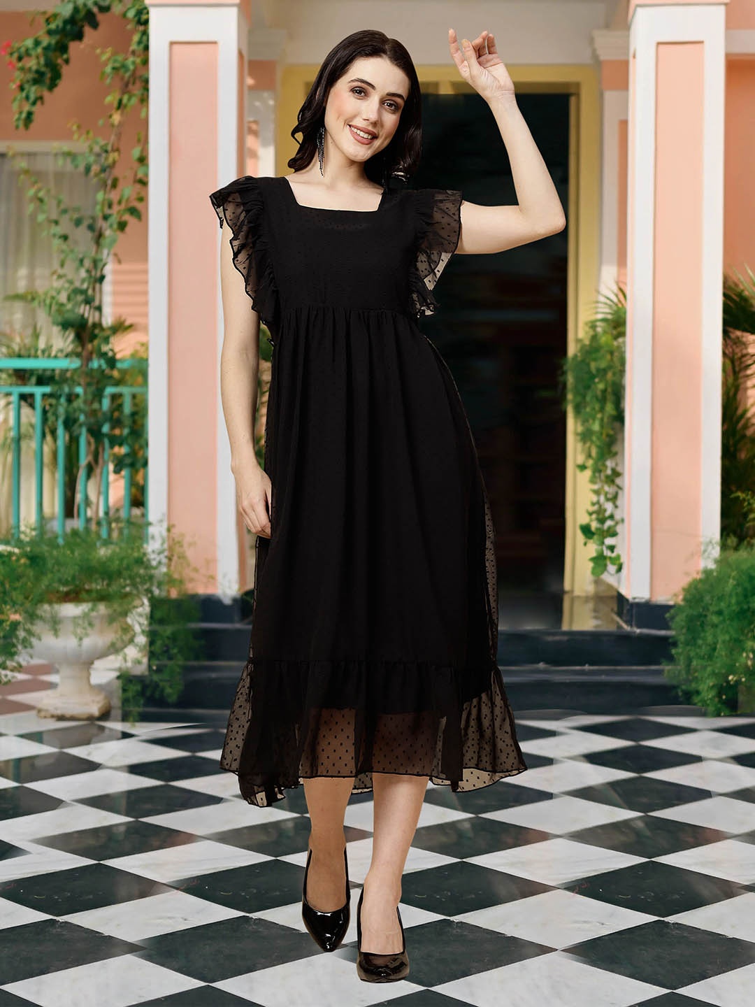 

MISS AYSE Flutter Sleeve Georgette Fit & Flare Midi Dress, Black