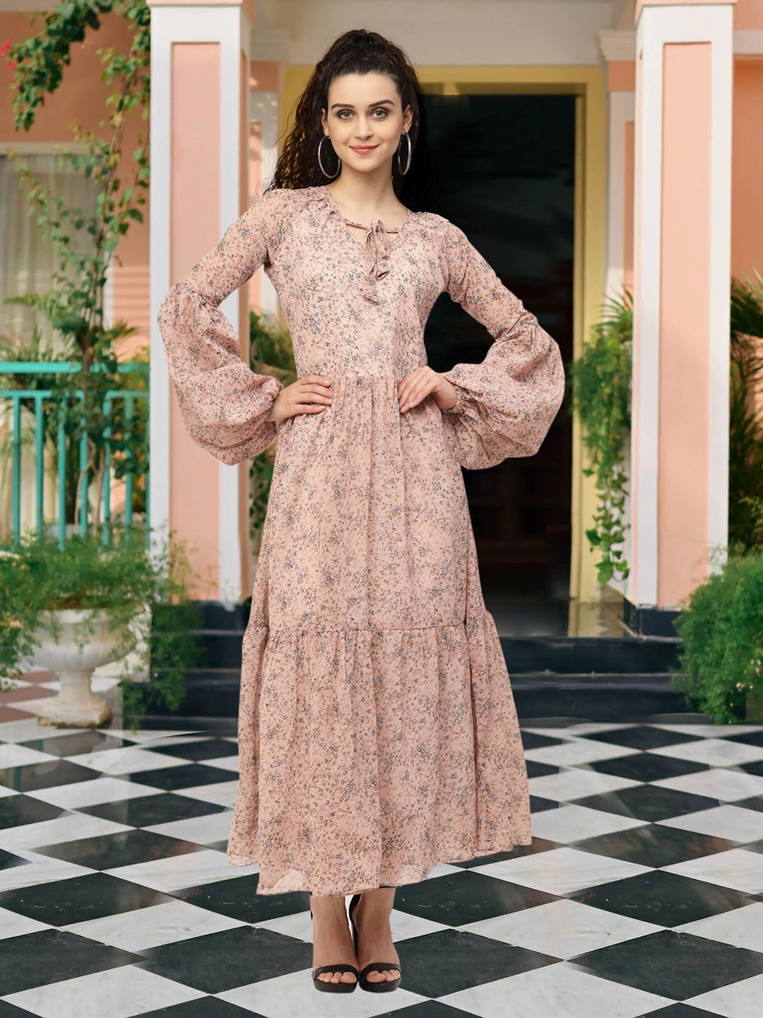 

MISS AYSE Floral Print Tie-Up Neck Puff Sleeve Georgette Fit & Flare Max Dress, Peach
