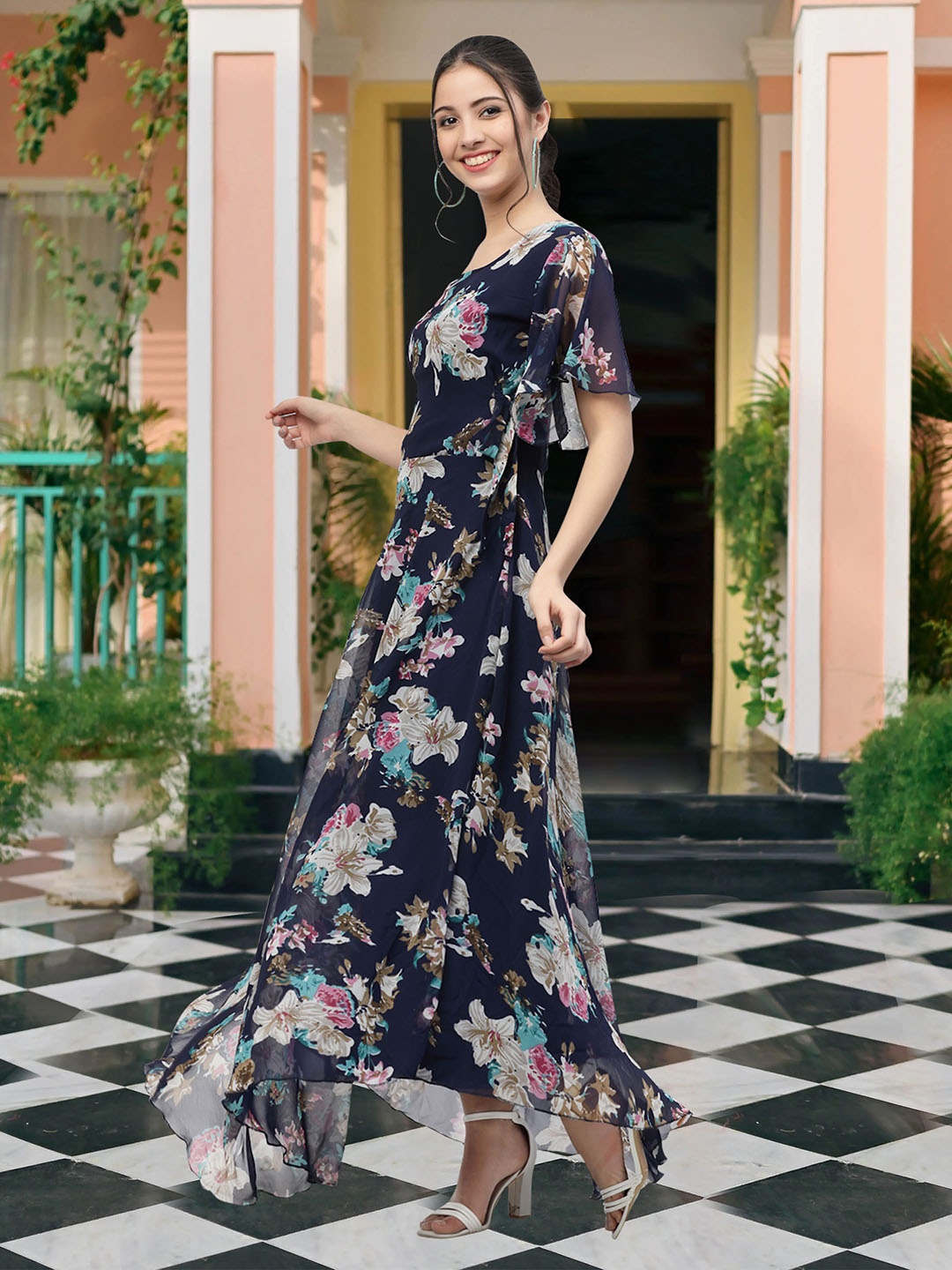 MISS AYSE Floral Print Georgette Fit and Flare Maxi Dress, Navy blue