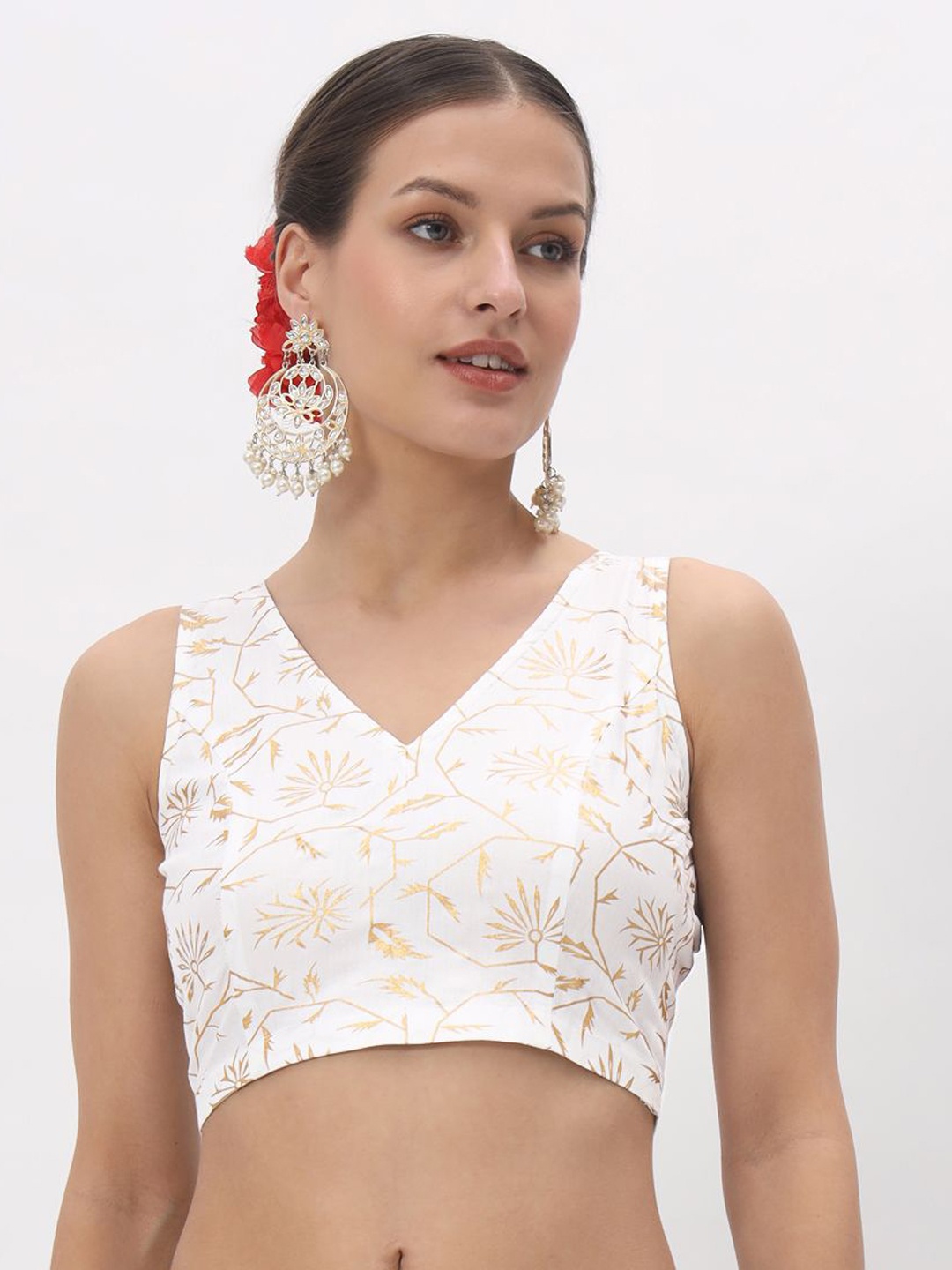 

studio rasa Block Printed Sleeveless Saree Blouse, White