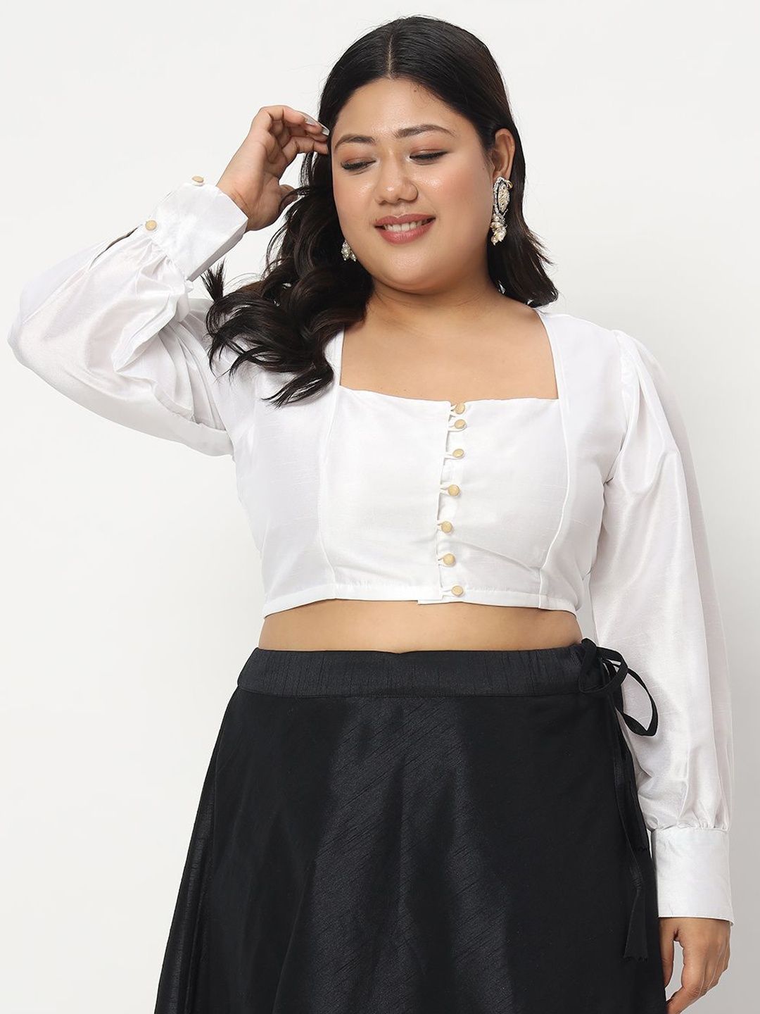 studio rasa Plus Size Button Down Silk Blouse, White