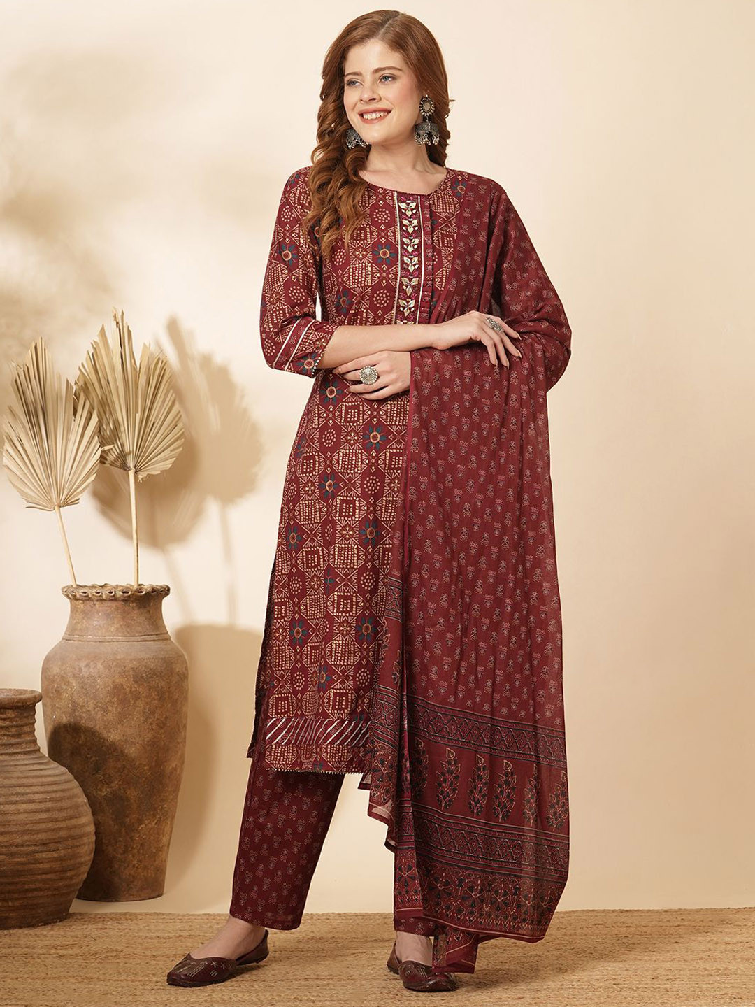 

FASHOR Floral Printed Mirror Work Pure Cotton Straight Kurta with Trousers & Dupatta, Burgundy