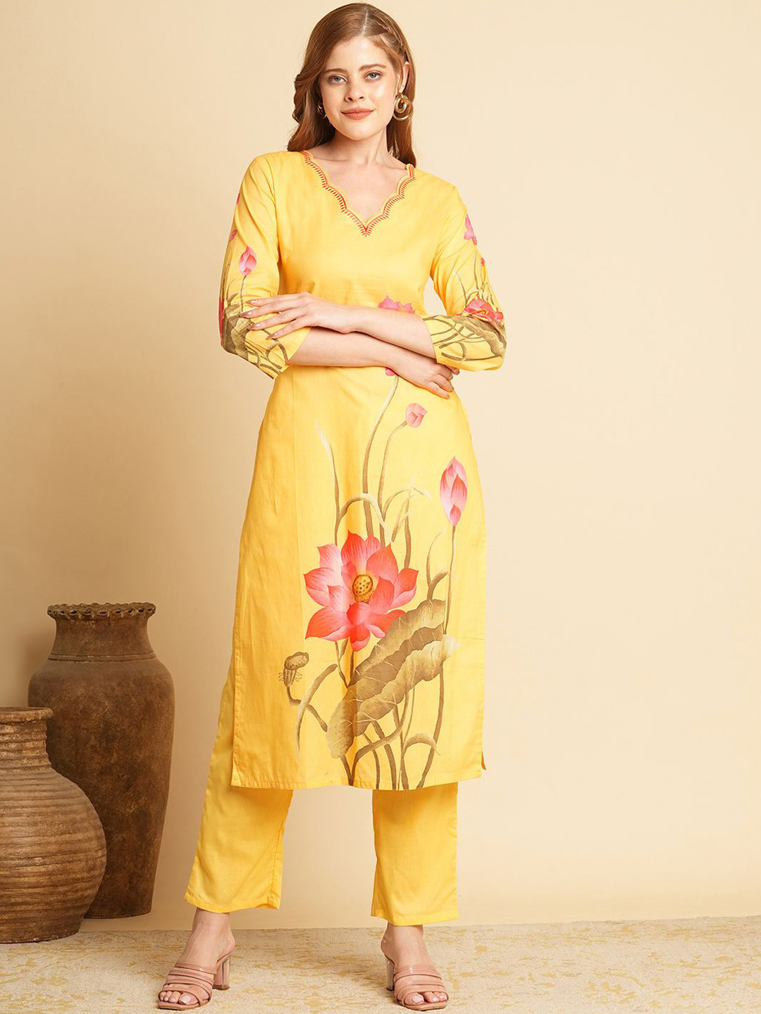 

FASHOR Floral Printed V-Neck Thread Work Pure Cotton Straight Kurta with Trousers, Yellow