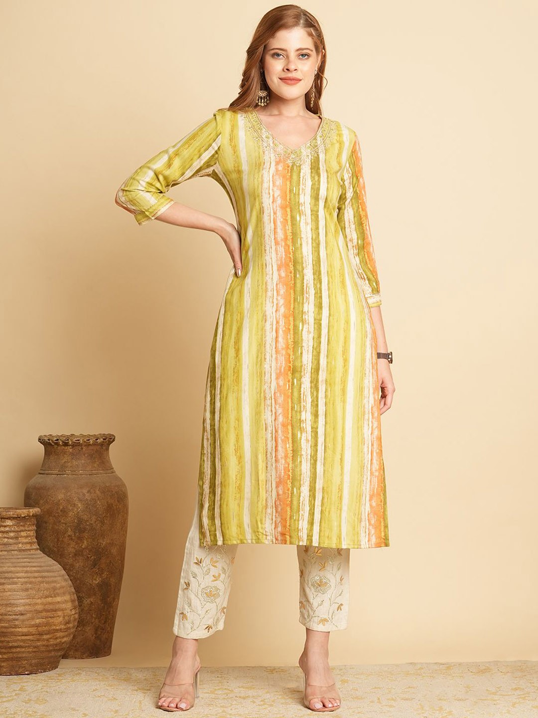 

FASHOR Striped Printed Straight Kurta, Green