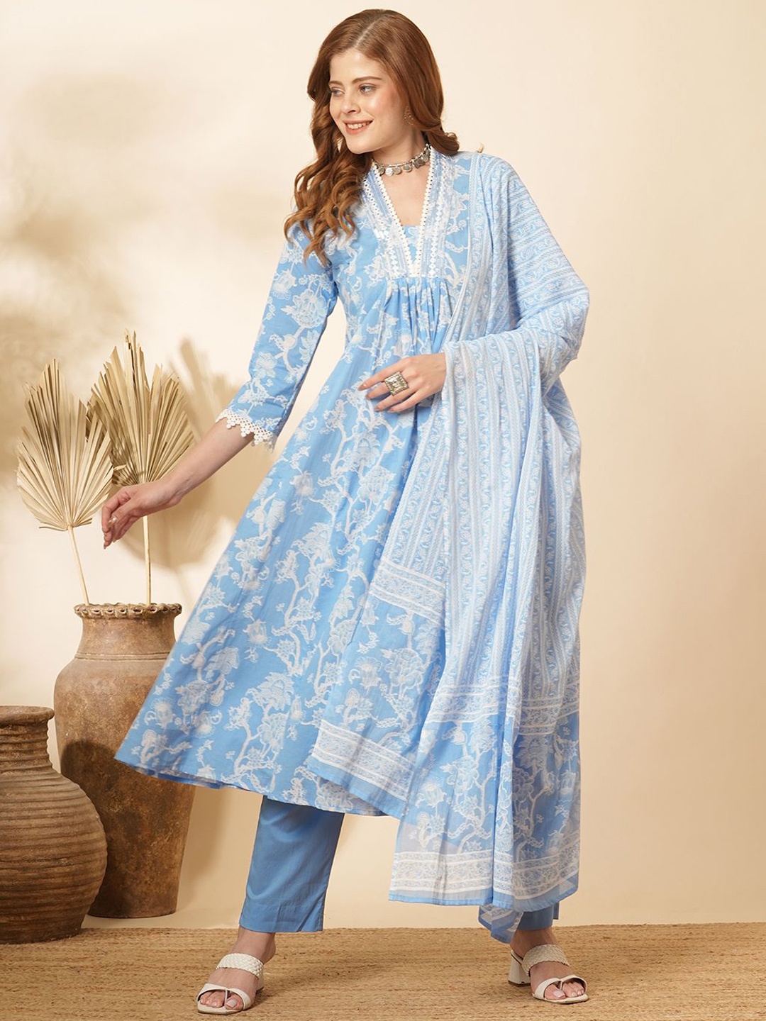 

FASHOR Floral Printed V-Neck Pure Cotton A-Line Kurta with Trousers & Dupatta, Blue