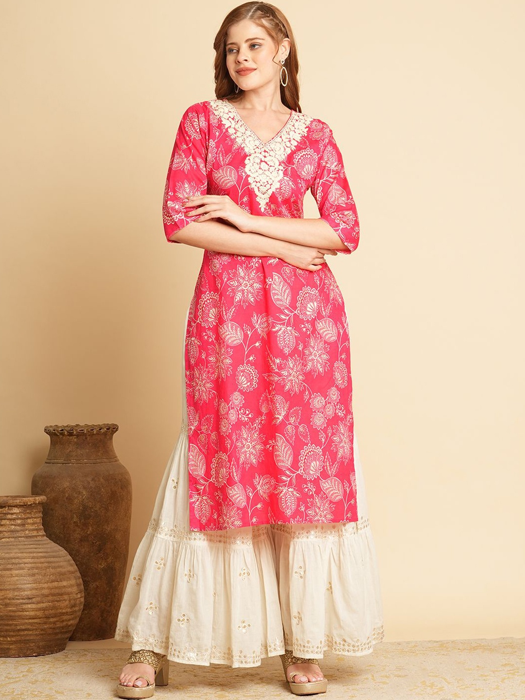 

FASHOR Women Ethnic Motifs Printed Anarkali Kurta, Pink