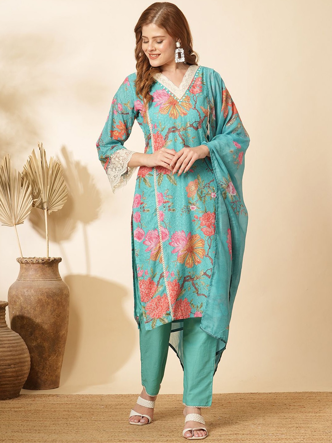 

FASHOR Floral Printed V-Neck Mirror Work Straight Kurta with Trousers & Dupatta, Turquoise blue