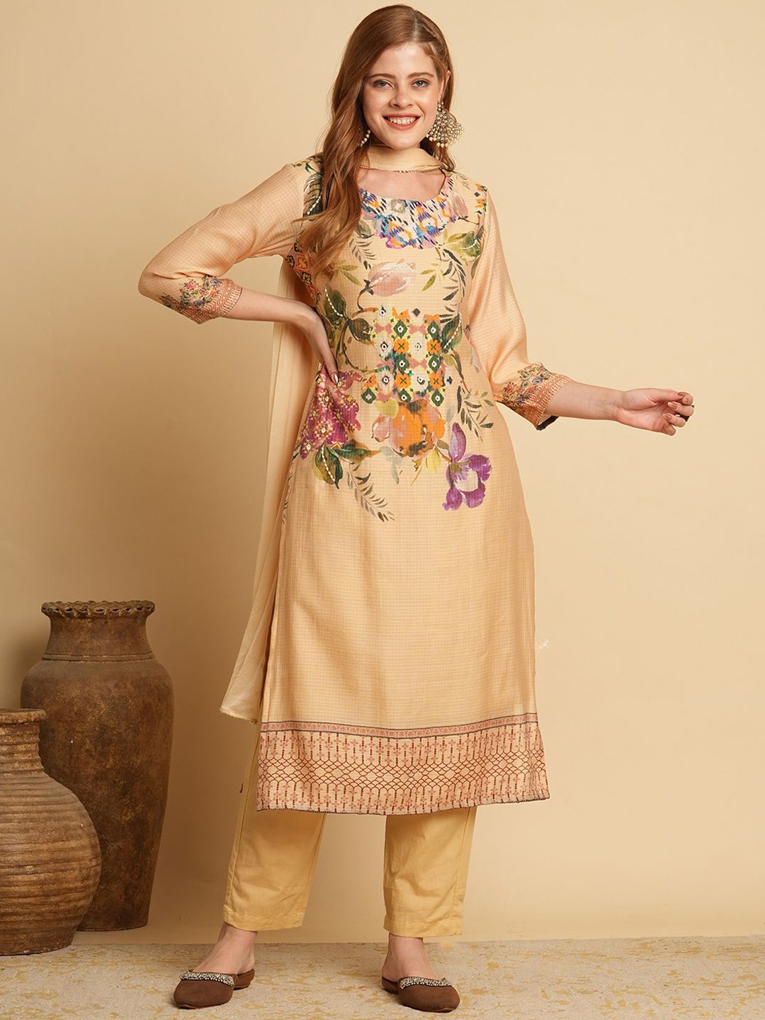 

FASHOR Floral Printed Beads and Stones Straight Kurta with Trousers & Dupatta, Beige