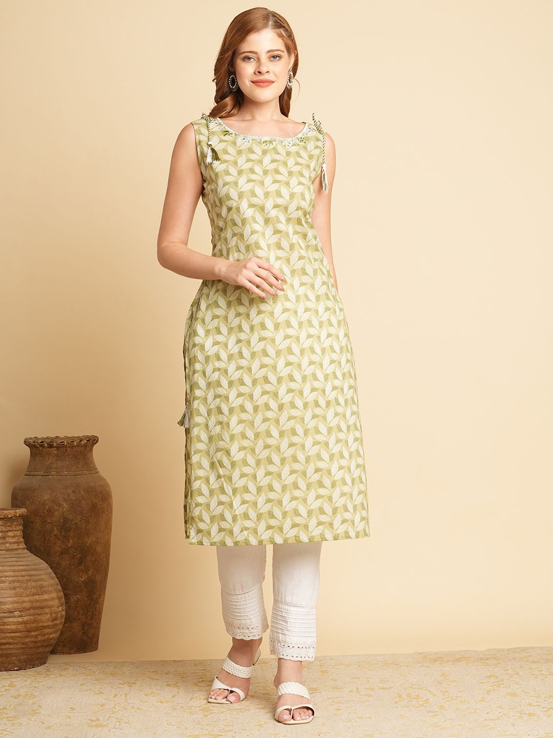 

FASHOR Floral Printed Cotton Kurta, Green