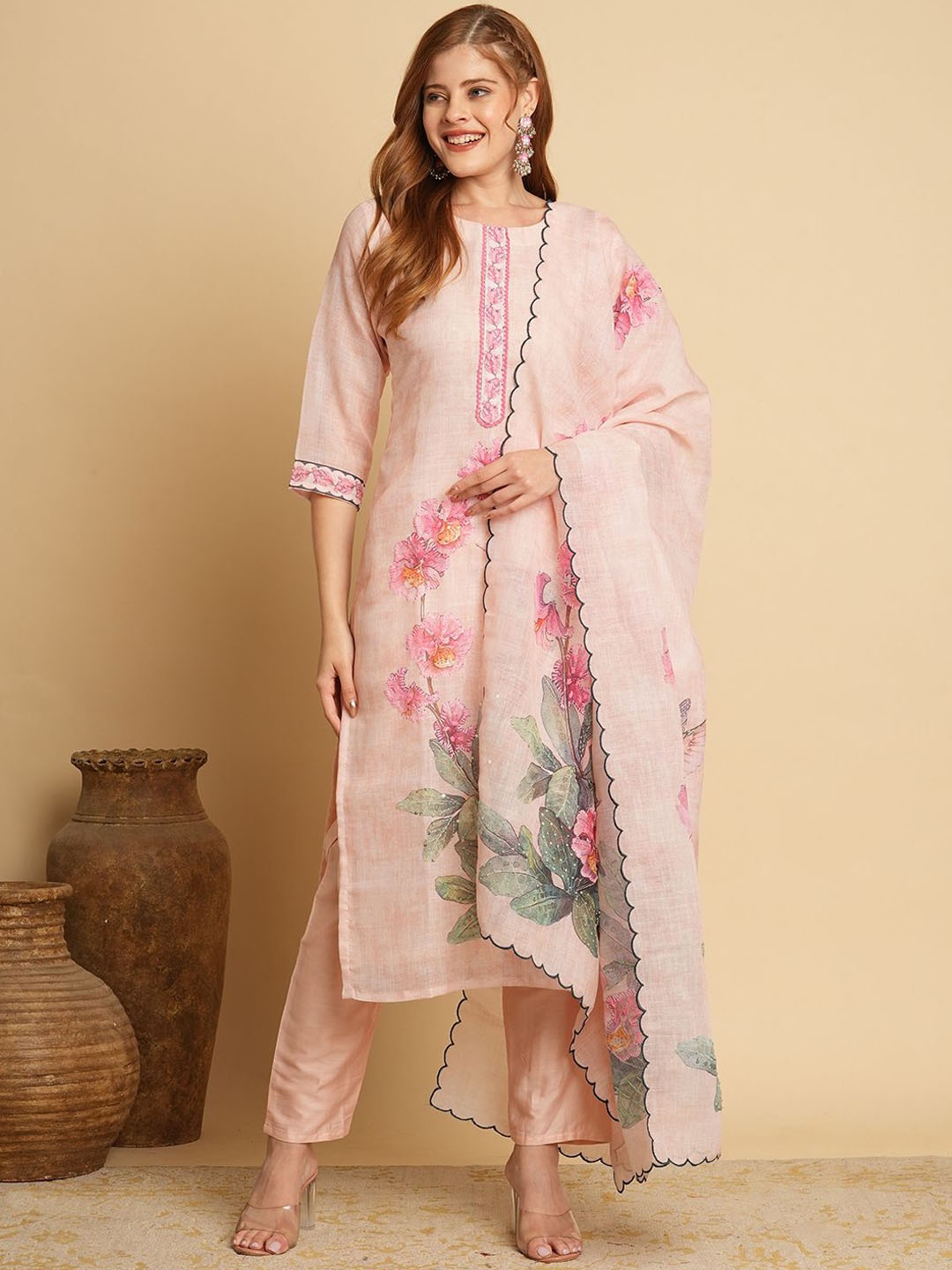 

FASHOR Floral Printed Sequinned Kurta with Trousers & Dupatta, Cream