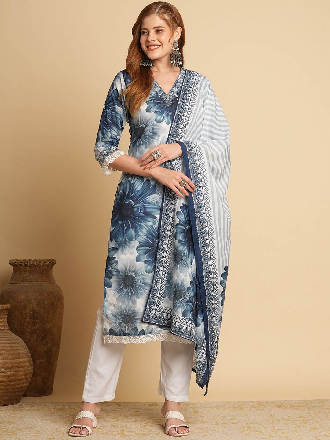 

FASHOR Floral Printed Mirror Work Kurta with Trousers & Dupatta, Blue