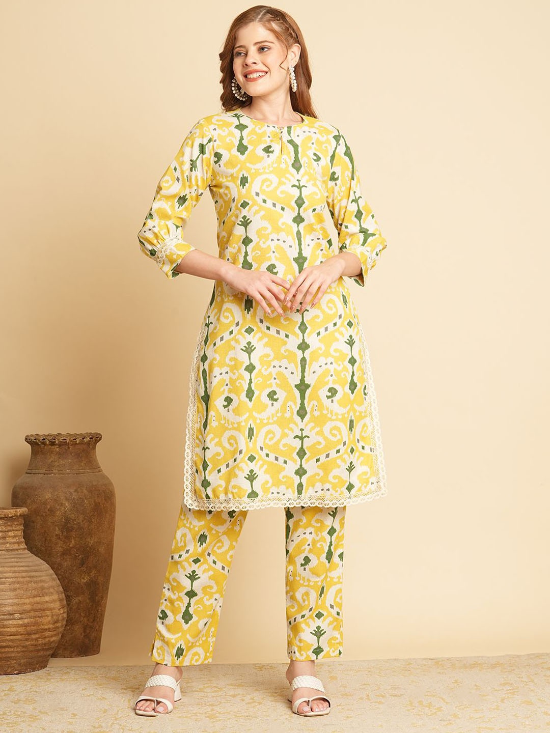 

FASHOR Ikat Printed Cotton Straight-Fit Tunic With Trousers, Yellow