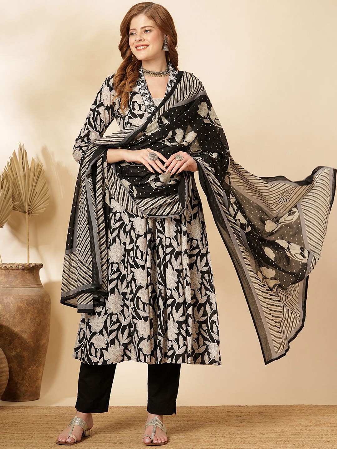 FASHOR Floral Printed Mirror Work Pure Cotton Kurta with Trousers & Dupatta, Black