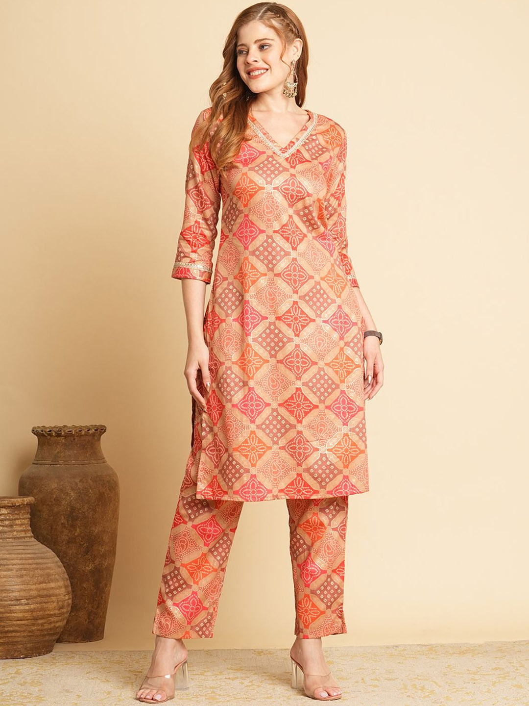 

FASHOR Bandhani Printed V-Neck Kurta With Trousers, Peach