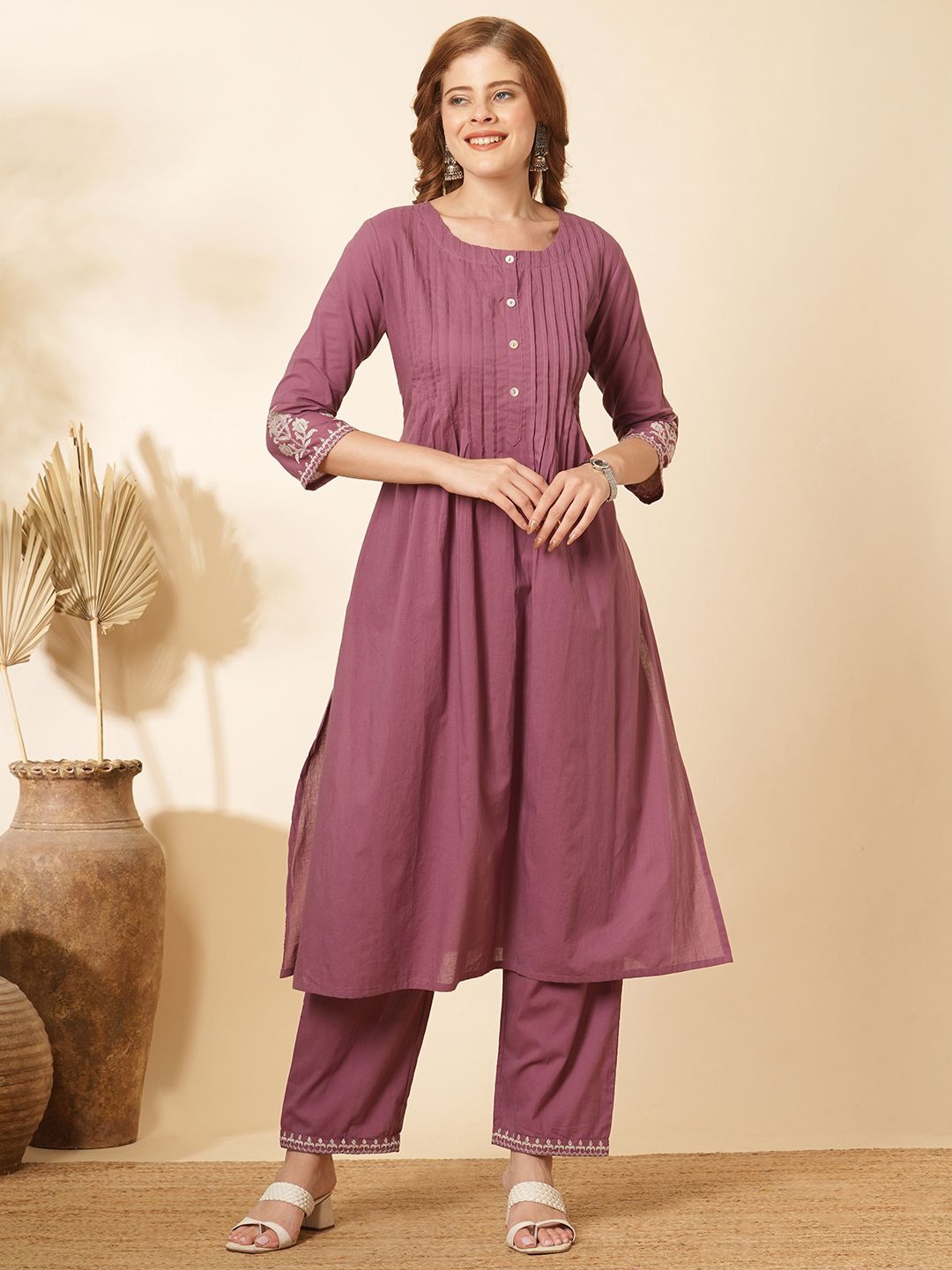 

FASHOR Embroidered Pure Cotton Top With Trousers, Purple