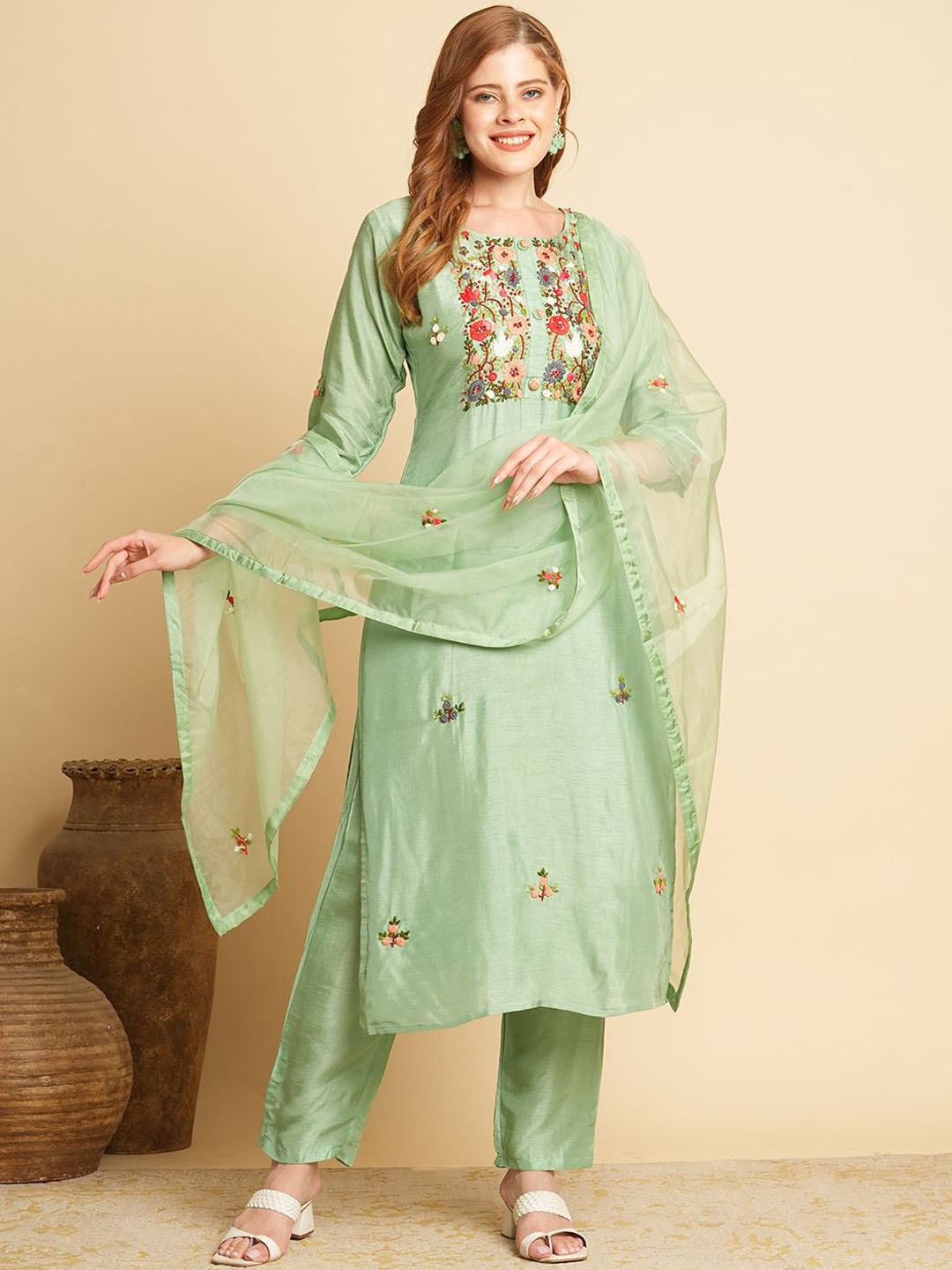 

FASHOR Floral Embroidered Regular Kurta with Trousers & Dupatta, Green